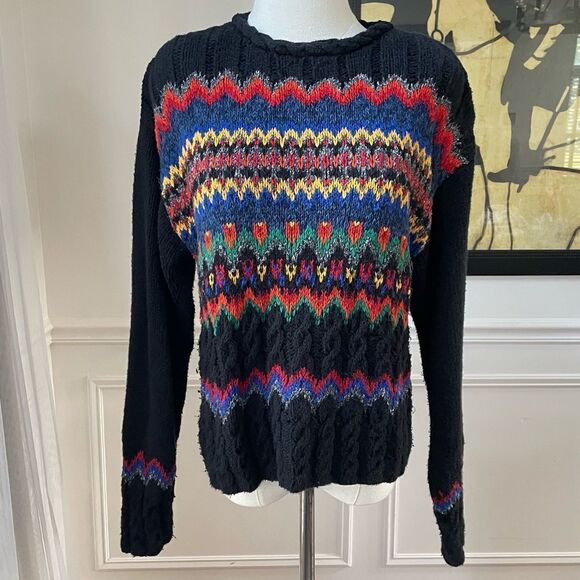 Vintage Sweaters - Vintage 80s Bright Bold Fair Isle Liz Wear Claiborne Sweater S